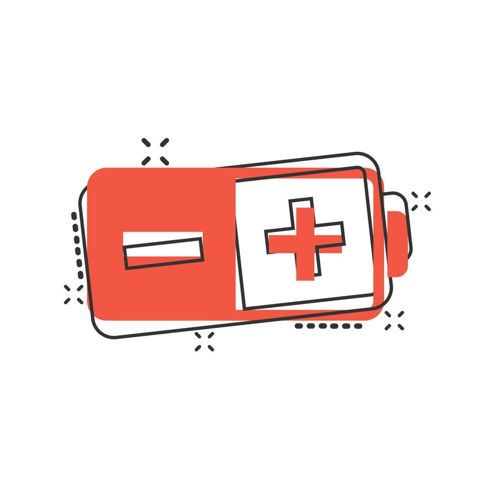 Battery charge icon in comic style. Power level cartoon vector illustration on white isolated background. Lithium accumulator splash effect business concept.