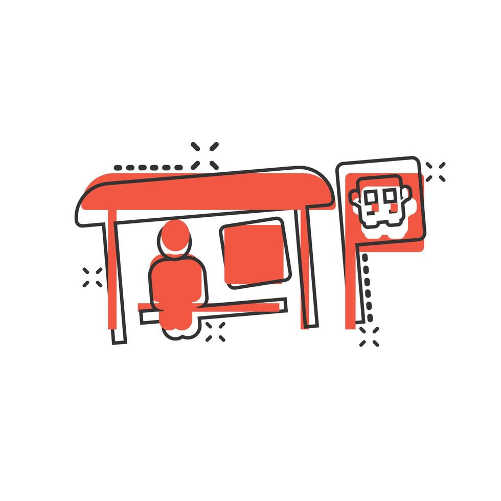 Bus station icon in comic style. Auto stop cartoon vector illustration on white isolated background. Autobus vehicle splash effect business concept.