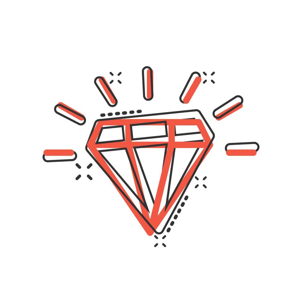 Diamond gem icon in comic style. Gemstone cartoon vector illustration on white isolated background. Jewelry brilliant splash effect business concept.