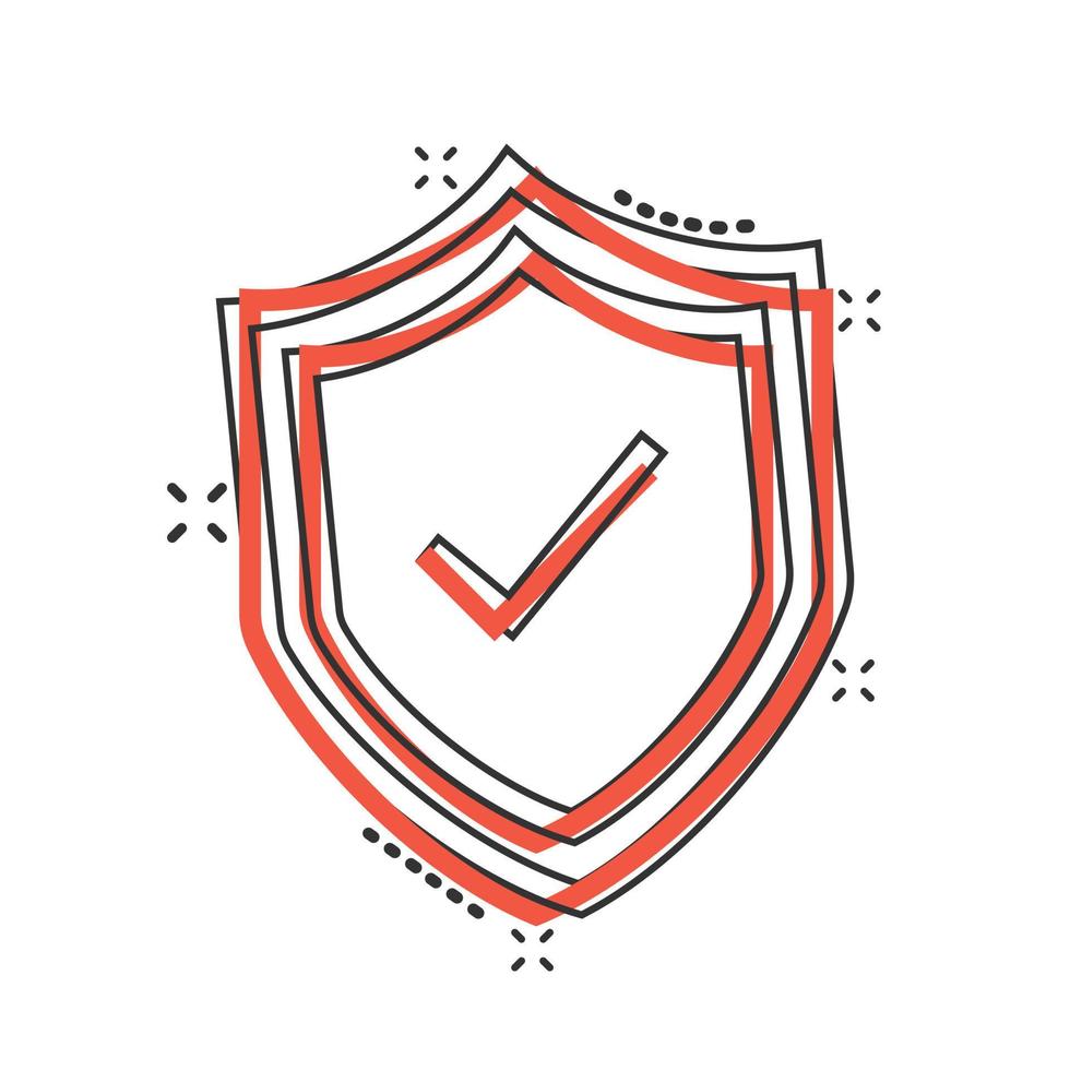 Shield with check mark icon in comic style. Protect cartoon vector illustration on white isolated background. Checkmark guard splash effect business concept.