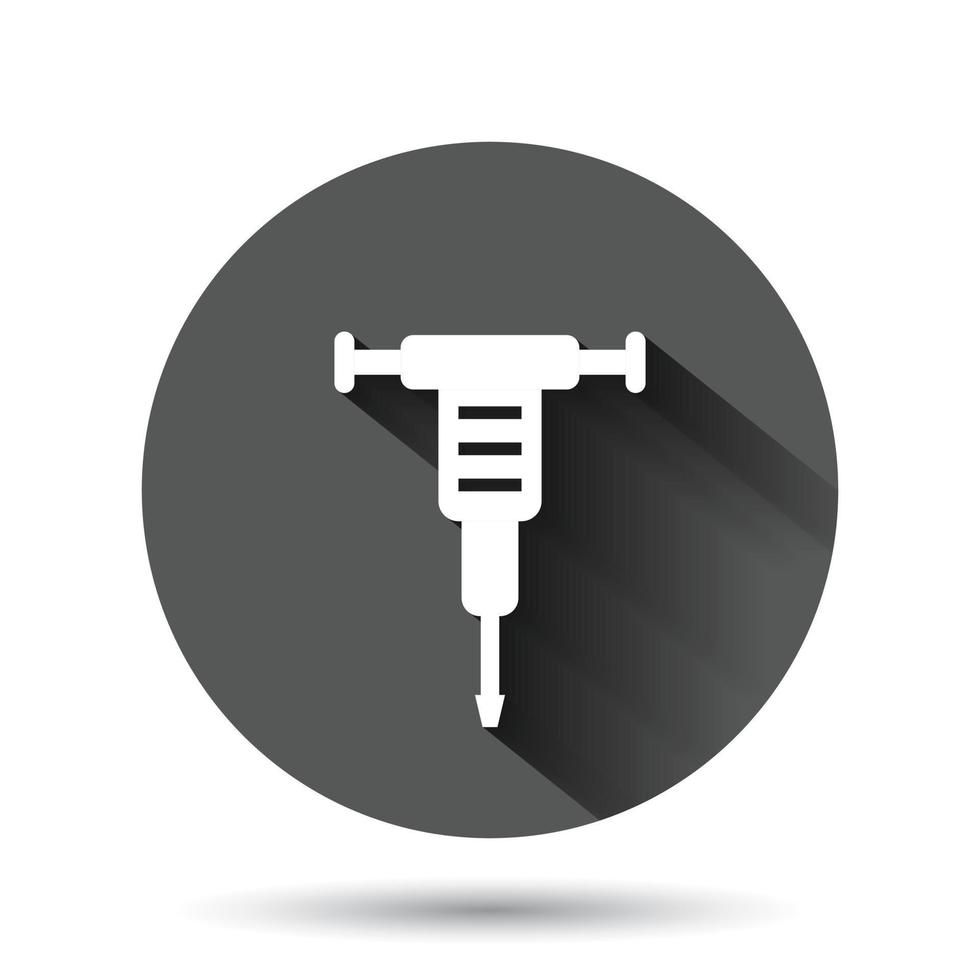 Jackhammer icon in flat style. Demolish vector illustration on black round background with long shadow effect. Destroy circle button business concept.