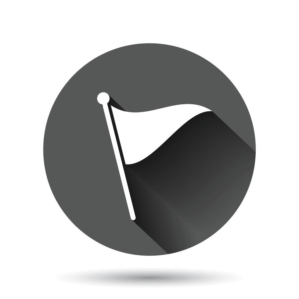 Flag icon in flat style. Pin vector illustration on black round background with long shadow effect. Flagpole circle button business concept.