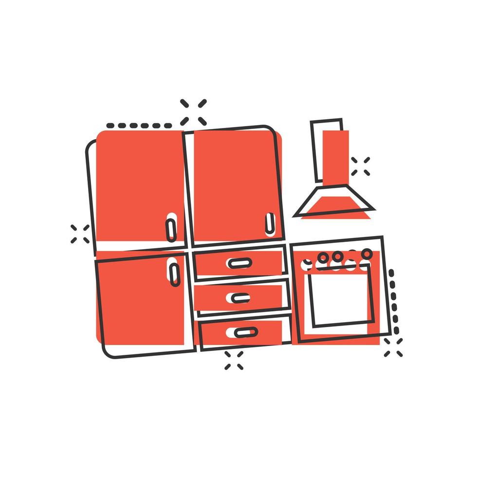 icono de muebles de cocina en estilo cómico. ilustración de vector de dibujos animados de cocina sobre fondo blanco aislado. concepto de negocio de efecto de salpicadura de sala de cocina.