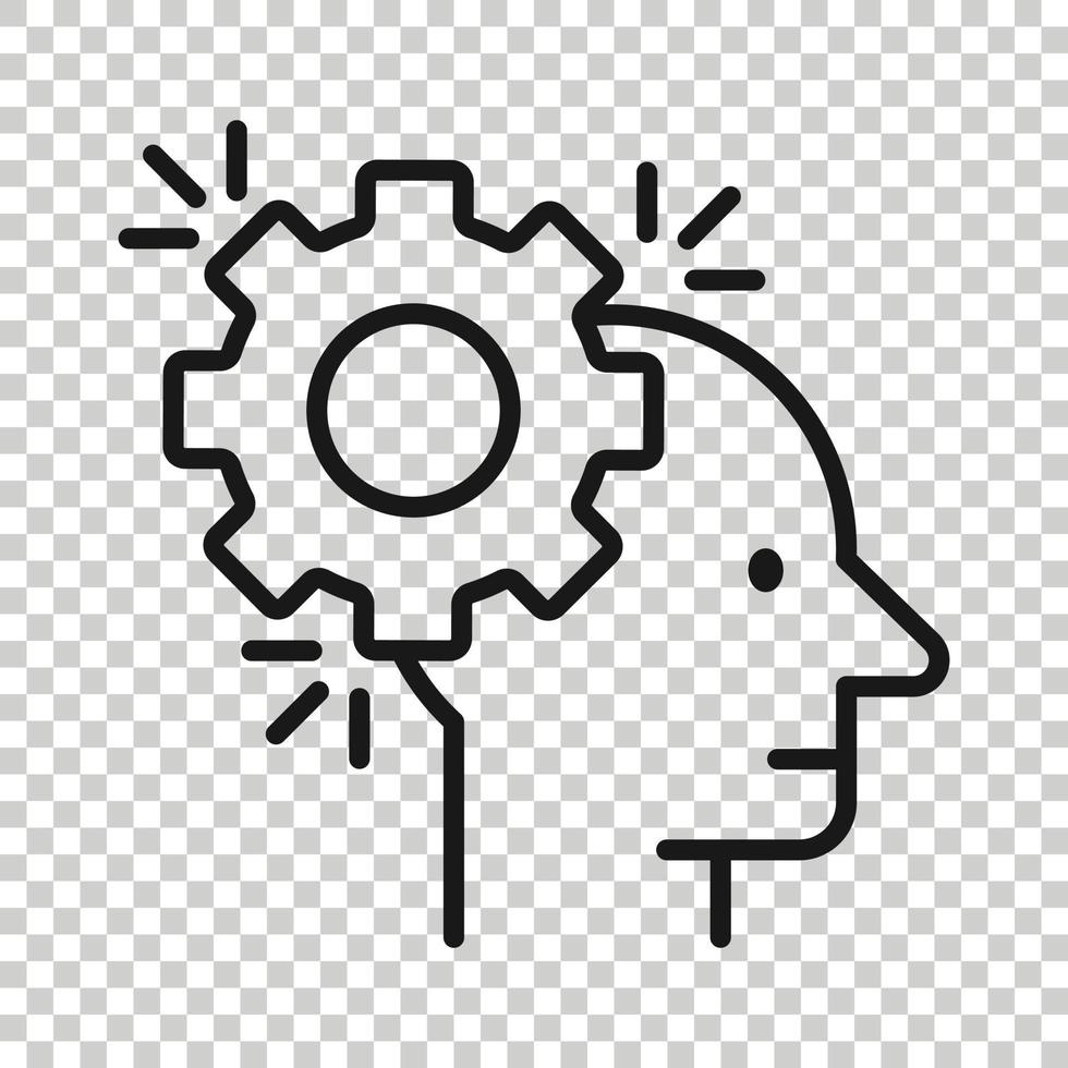 Human head with cogwheel icon in flat style. Technology progress vector illustration on white isolated background. Face and gear business concept.