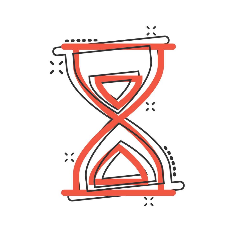 Hourglass icon in comic style. Sandglass cartoon vector illustration on white isolated background. Clock splash effect business concept.