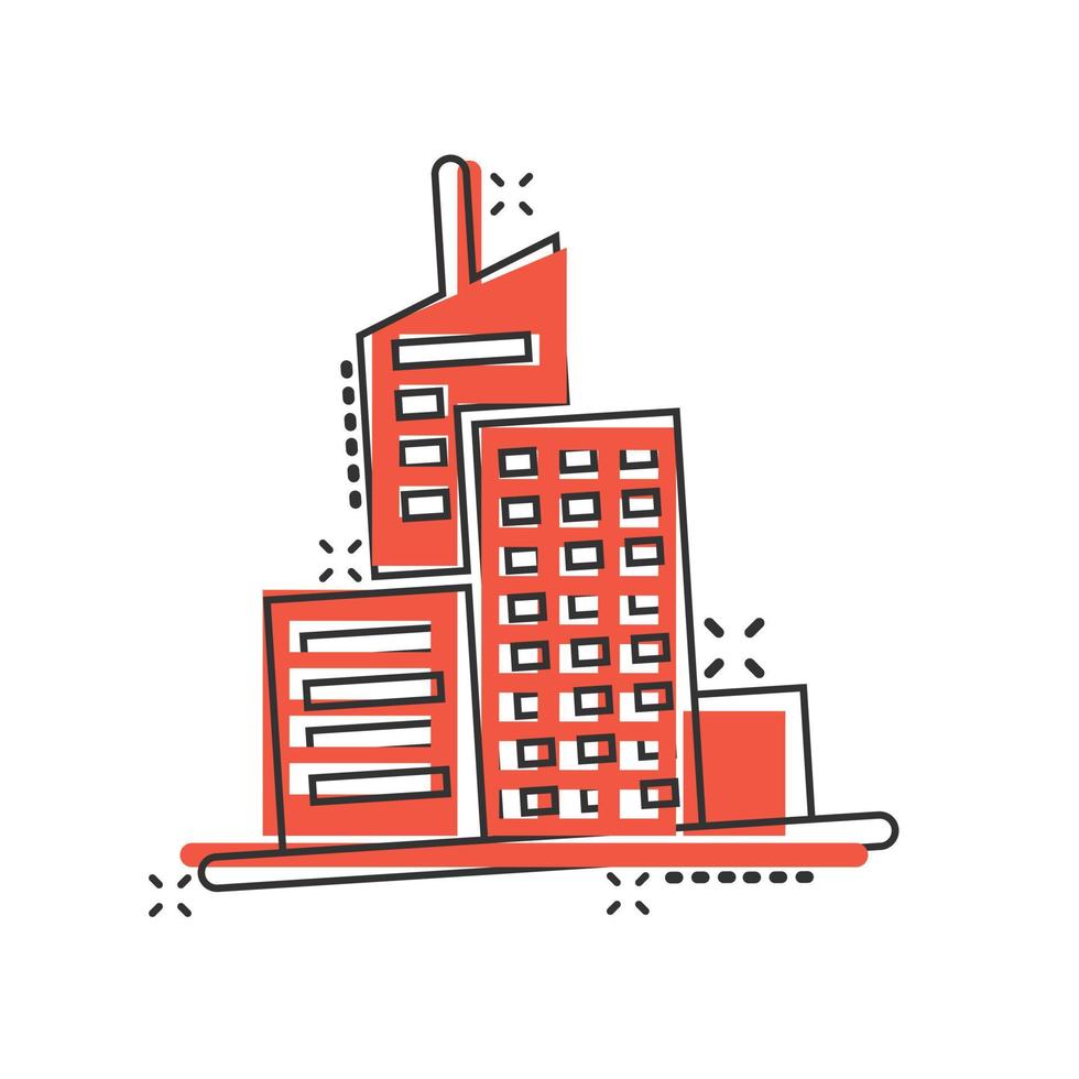 Building icon in comic style. Town skyscraper apartment cartoon vector illustration on white isolated background. City tower splash effect business concept.