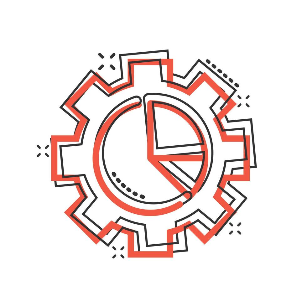 Workflow chart icon in comic style. Gear with diagram cartoon vector illustration on white isolated background. Process organization splash effect business concept.
