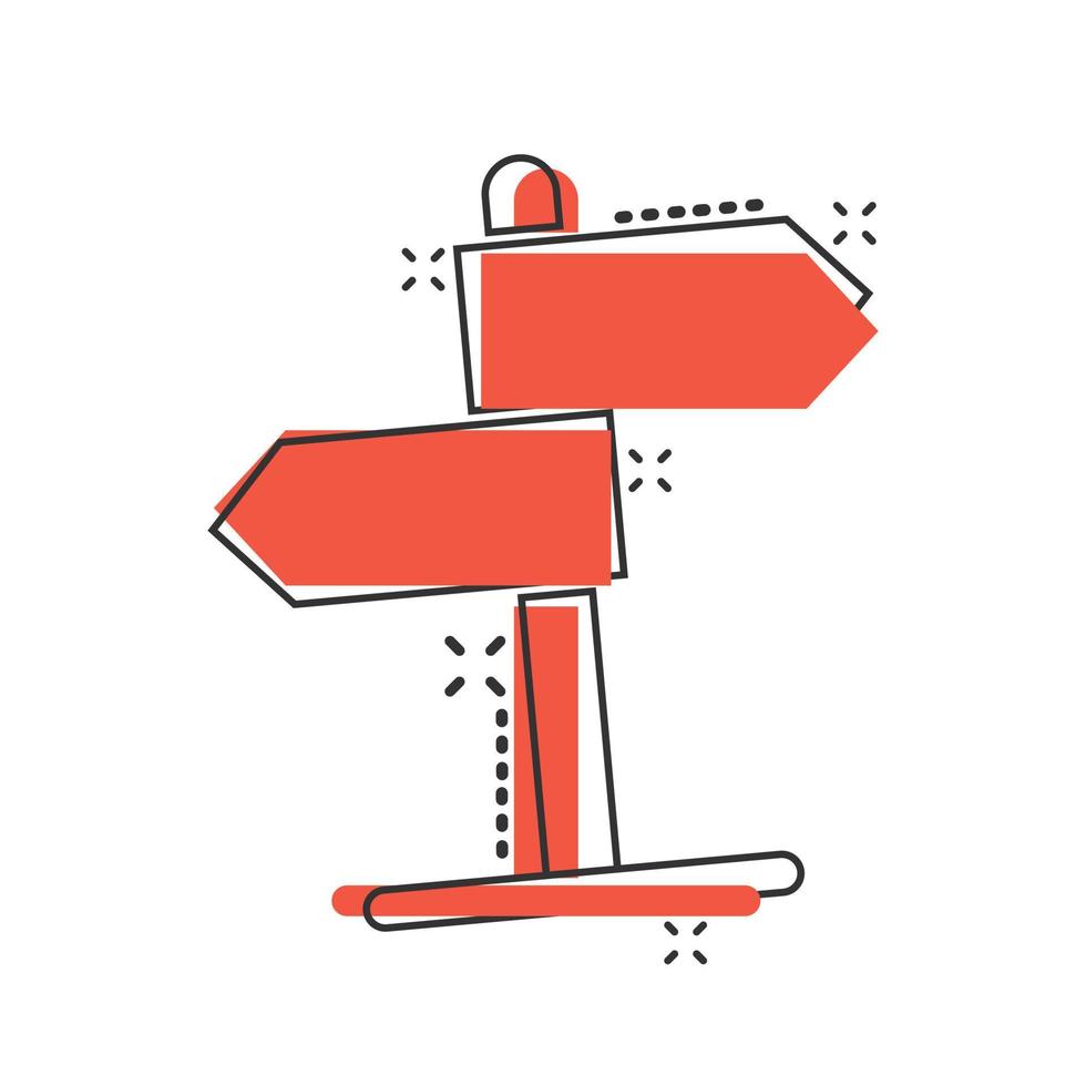 Crossroad signpost icon in comic style. Road direction cartoon vector illustration on white isolated background. Roadsign splash effect business concept.