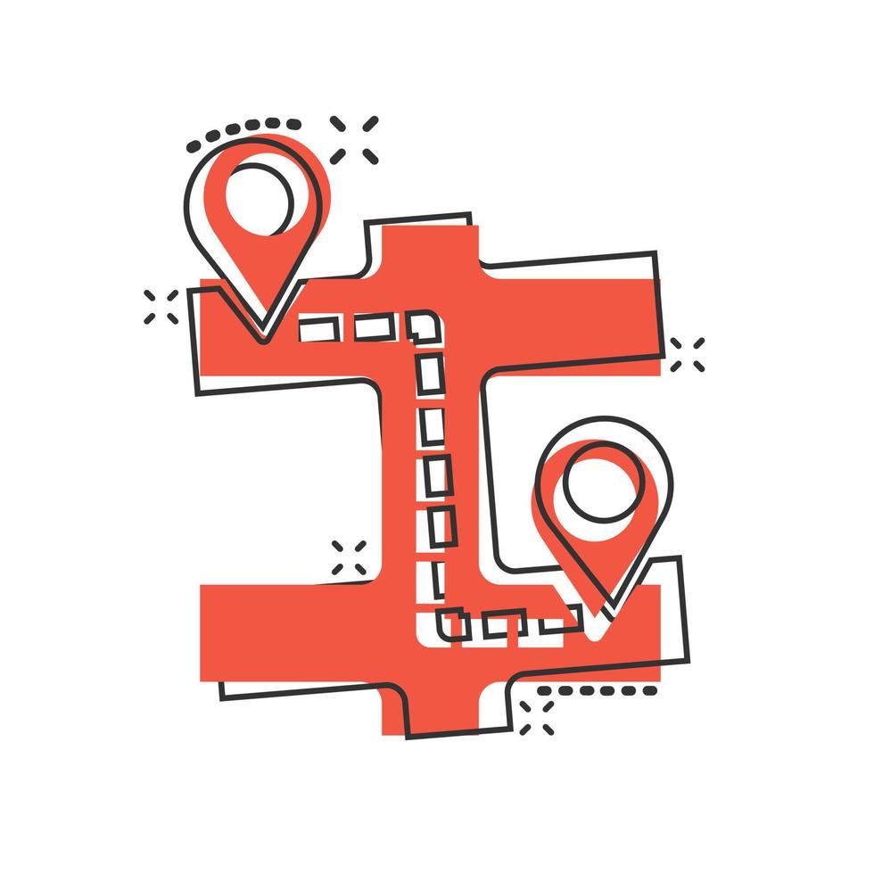 Map pin icon in comic style. GPS navigation cartoon vector illustration on white isolated background. Locate position splash effect business concept.