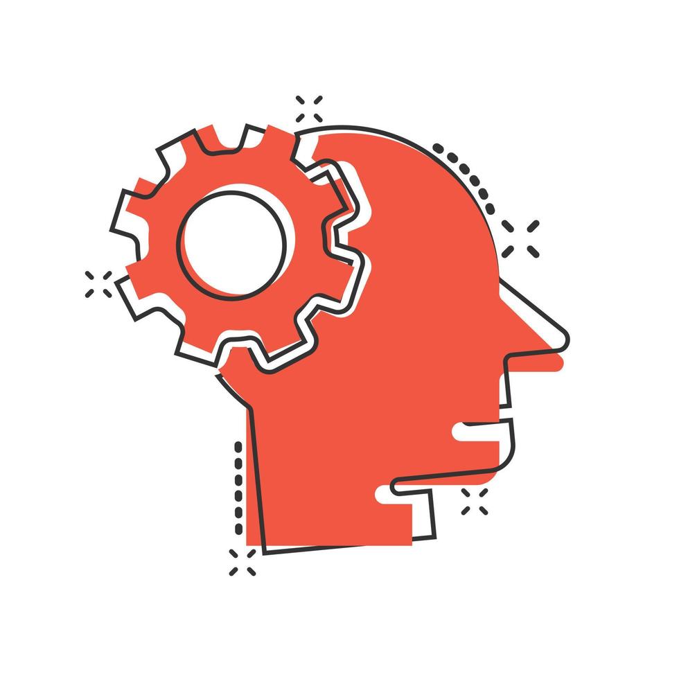 Human head with cogwheel icon in comic style. Technology progress cartoon vector illustration on white isolated background. Face and gear splash effect business concept.