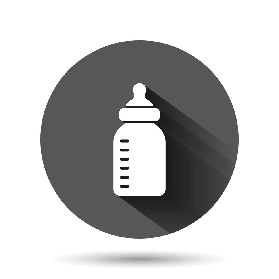 Baby bottle icon in flat style. Milk container vector illustration on black round background with long shadow effect. Drink glass circle button business concept.
