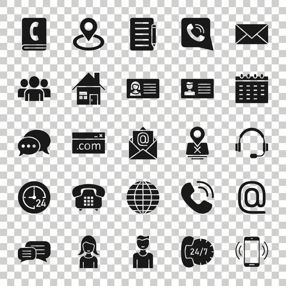 Contact icon set in flat style. Phone communication vector illustration on white isolated background. Website equipment business concept.