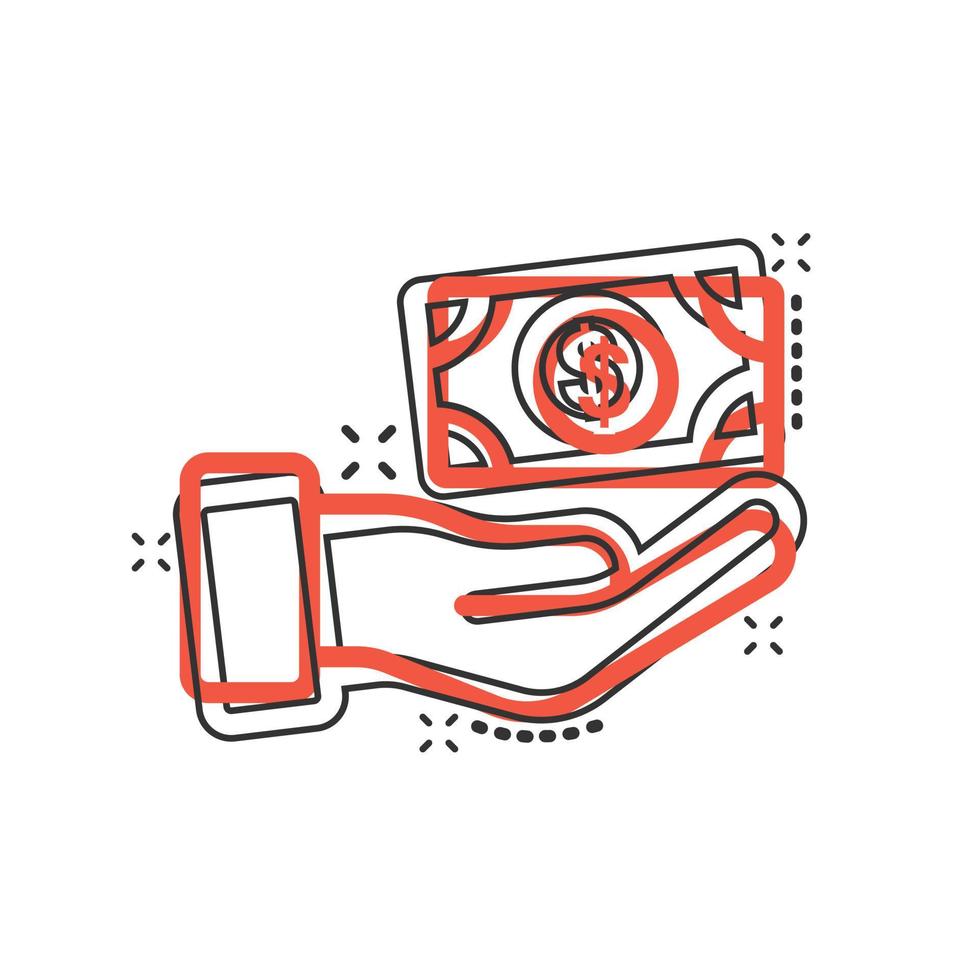 Remuneration icon in comic style. Money in hand cartoon vector illustration on white isolated background. Banknote payroll splash effect business concept.