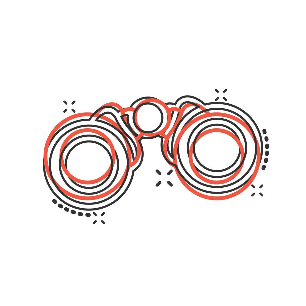 Binocular icon in comic style. Search cartoon vector illustration on white isolated background. Zoom splash effect business concept.