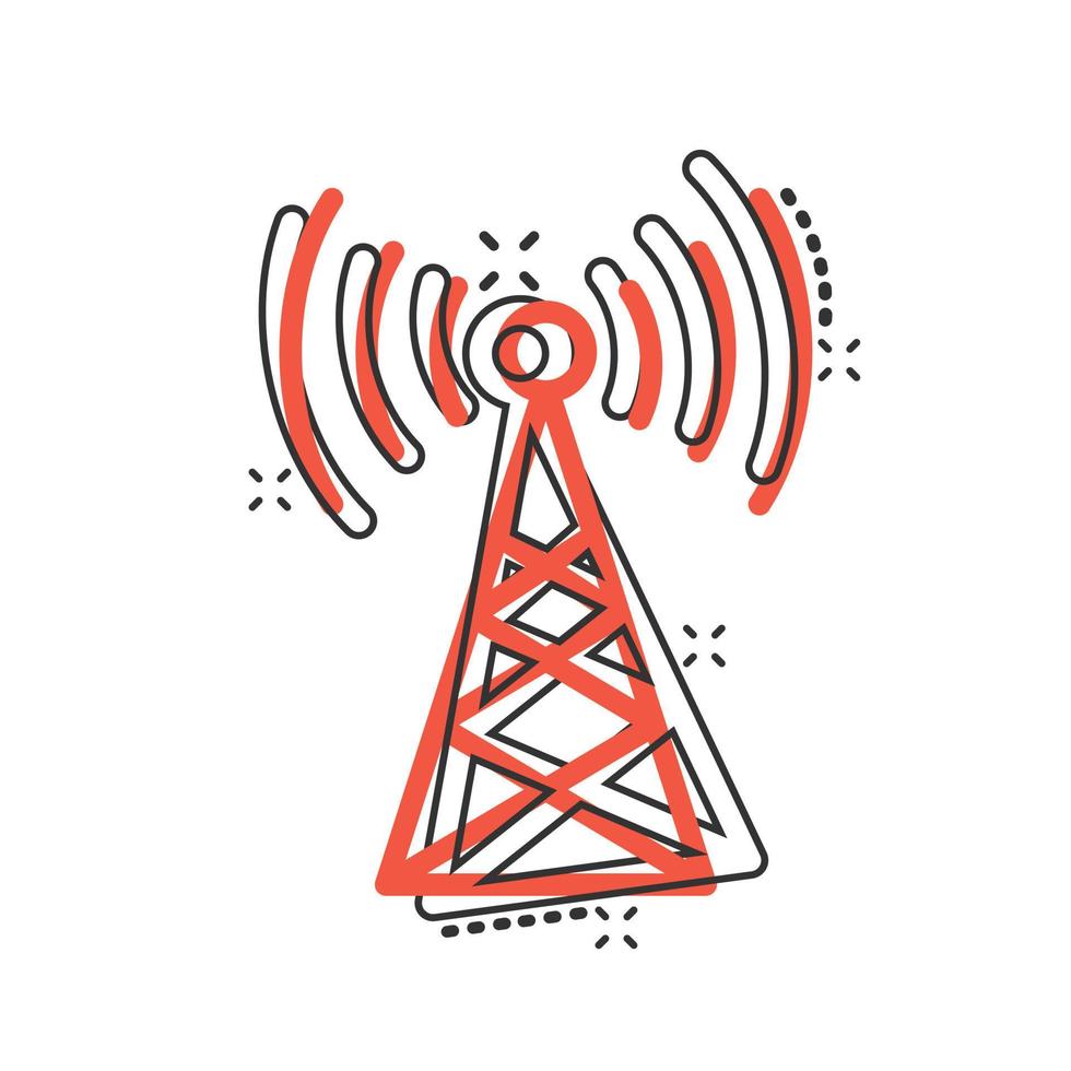 Antenna tower icon in comic style. Broadcasting cartoon vector illustration on white isolated background. Wifi splash effect business concept.