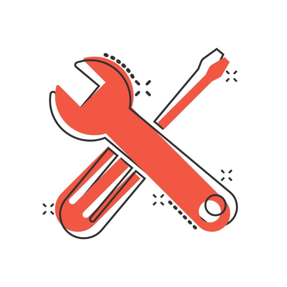 Wrench and screwdriver icon in comic style. Spanner key cartoon vector illustration on white isolated background. Repair equipment splash effect business concept.