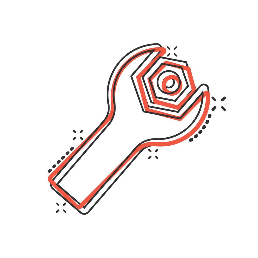 Wrench icon in comic style. Spanner key cartoon vector illustration on white isolated background. Repair equipment splash effect business concept.