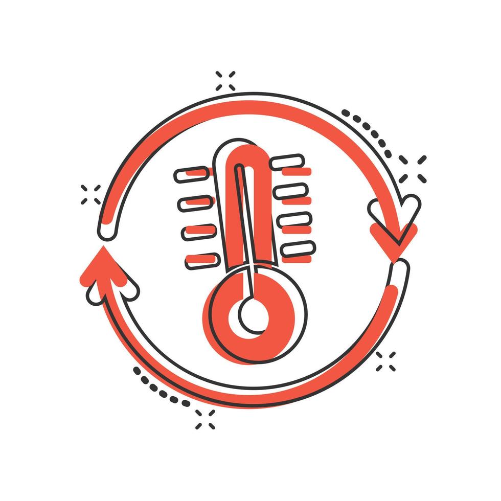 Thermometer climate control icon in comic style. Meteorology balance cartoon vector illustration on white isolated background. Hot, cold temperature splash effect business concept.