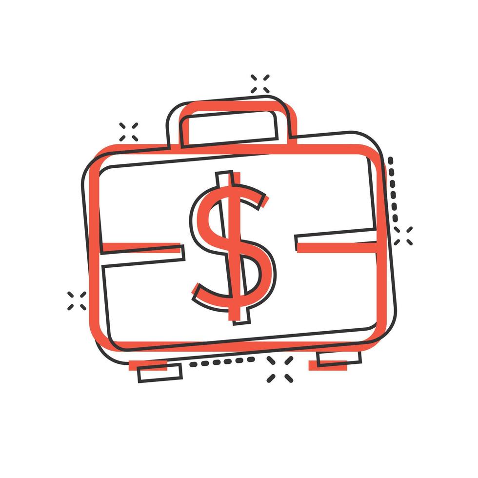 Money briefcase icon in comic style. Cash box cartoon vector illustration on white isolated background. Finance splash effect business concept.