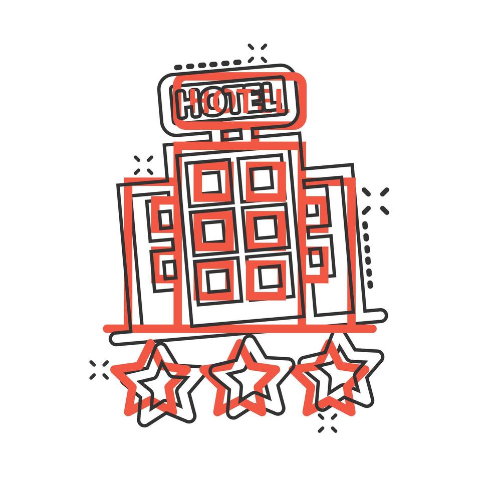 Hotel 3 stars sign icon in comic style. Inn building cartoon vector illustration on white isolated background. Hostel room splash effect business concept.