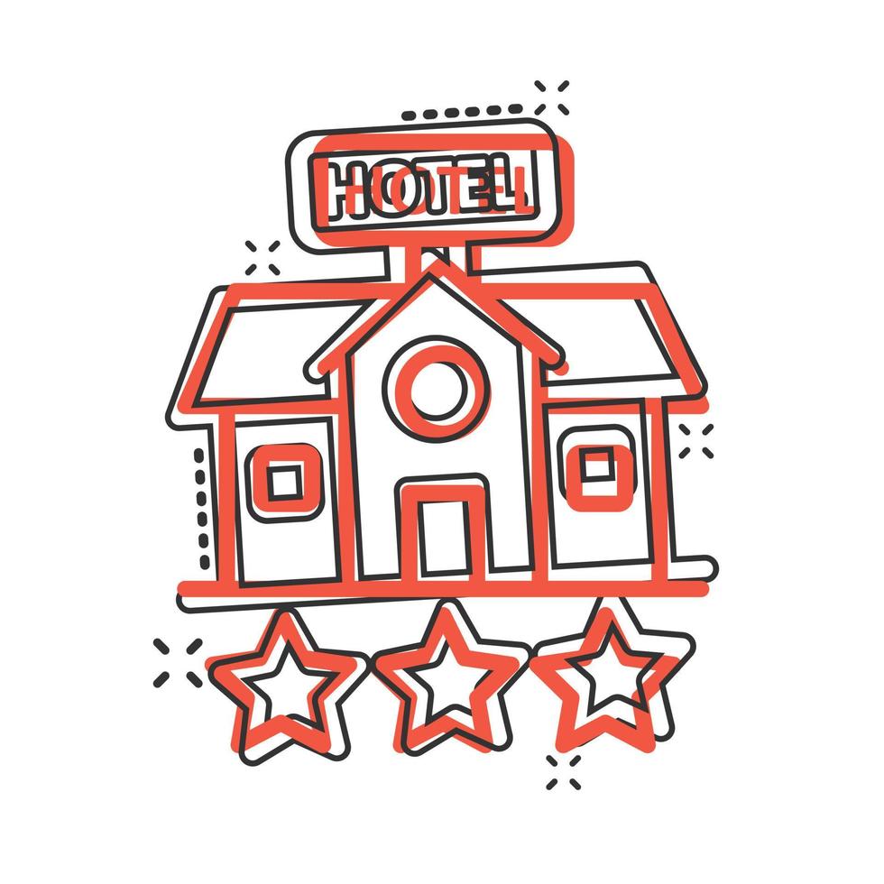 Hotel 3 stars sign icon in comic style. Inn building cartoon vector illustration on white isolated background. Hostel room splash effect business concept.