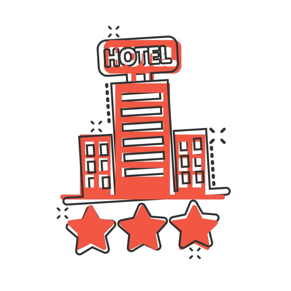 icono de signo de hotel 3 estrellas en estilo cómico. Posada edificio ilustración vectorial de dibujos animados sobre fondo blanco aislado. concepto de negocio de efecto de salpicadura de habitación de albergue. vector