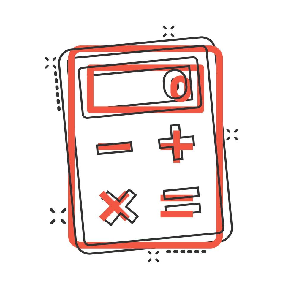 Calculator icon in comic style. Calculate cartoon vector illustration on white isolated background. Calculation splash effect business concept.