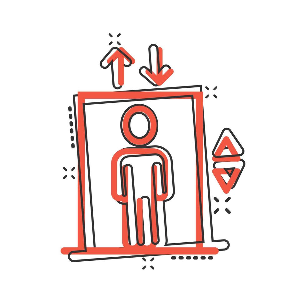 Elevator icon in comic style. Lift cartoon vector illustration on white isolated background. Passenger transportation splash effect business concept.
