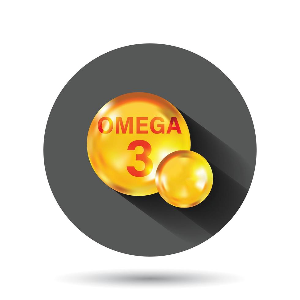 icono de omega 3 en estilo plano. ilustración de vector de capcule de píldora sobre fondo redondo negro con efecto de sombra larga. concepto de negocio de botón de círculo de pescado de aceite.