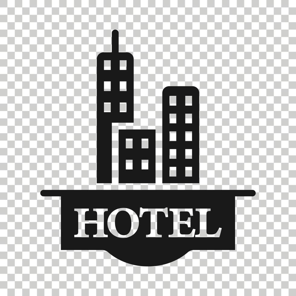 Hotel sign icon in flat style. Inn building vector illustration on white isolated background. Hostel room business concept.