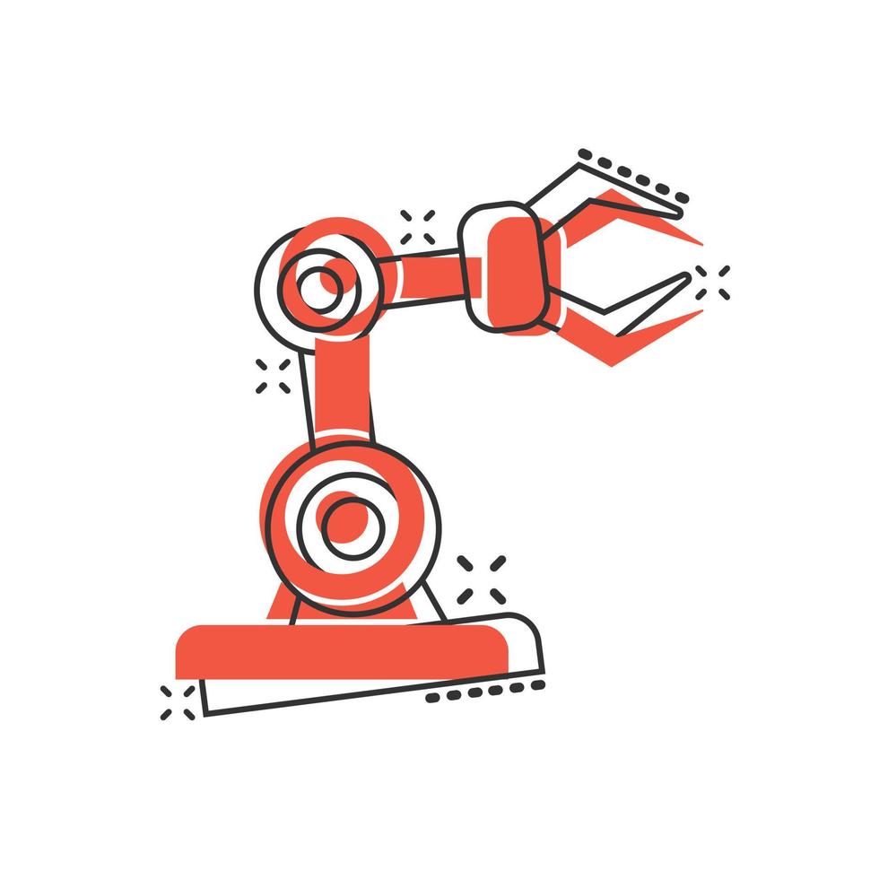 Robot arm icon in comic style. Mechanic manipulator cartoon vector illustration on white isolated background. Machine splash effect business concept.