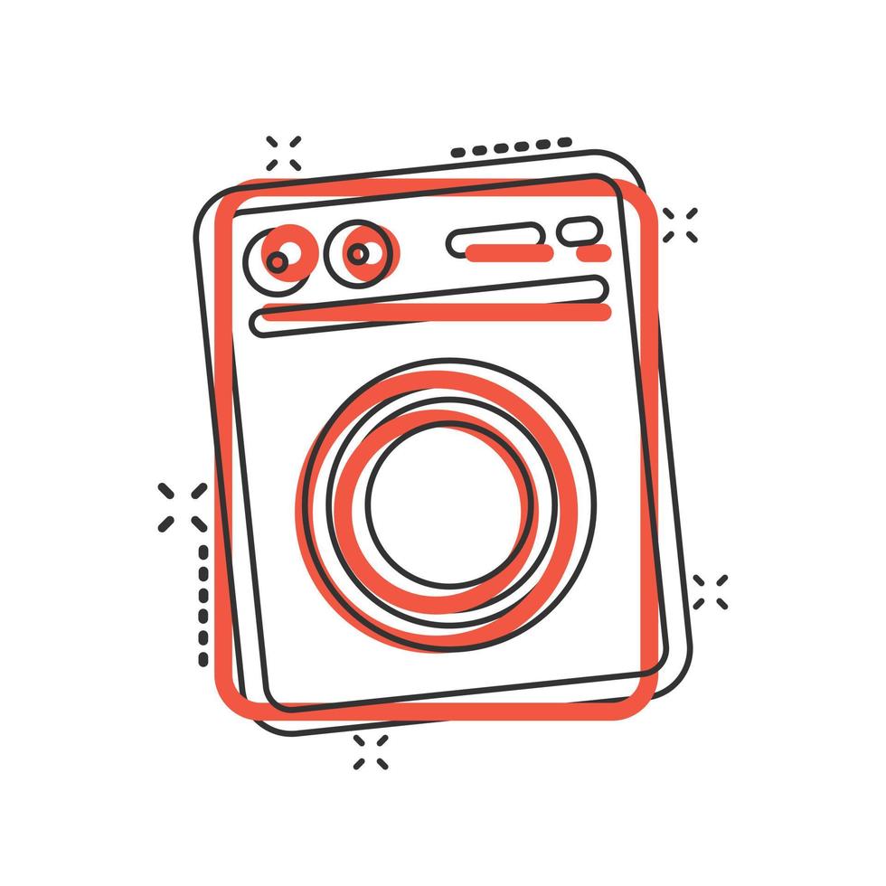 Washing machine icon in comic style. Washer cartoon vector illustration on white isolated background. Laundry splash effect business concept.