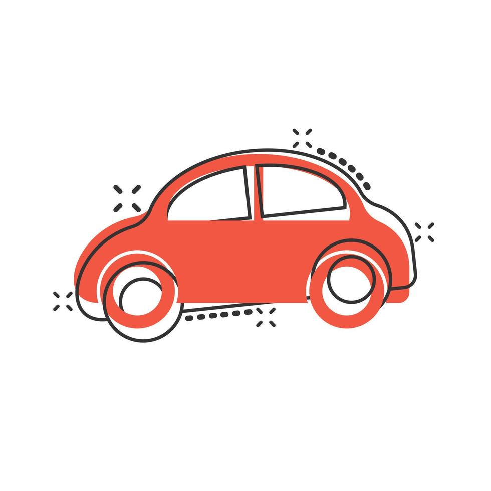 icono de coche en estilo cómico. ilustración de vector de dibujos animados de vehículo de automóvil sobre fondo blanco aislado. concepto de negocio de efecto de salpicadura de sedán.