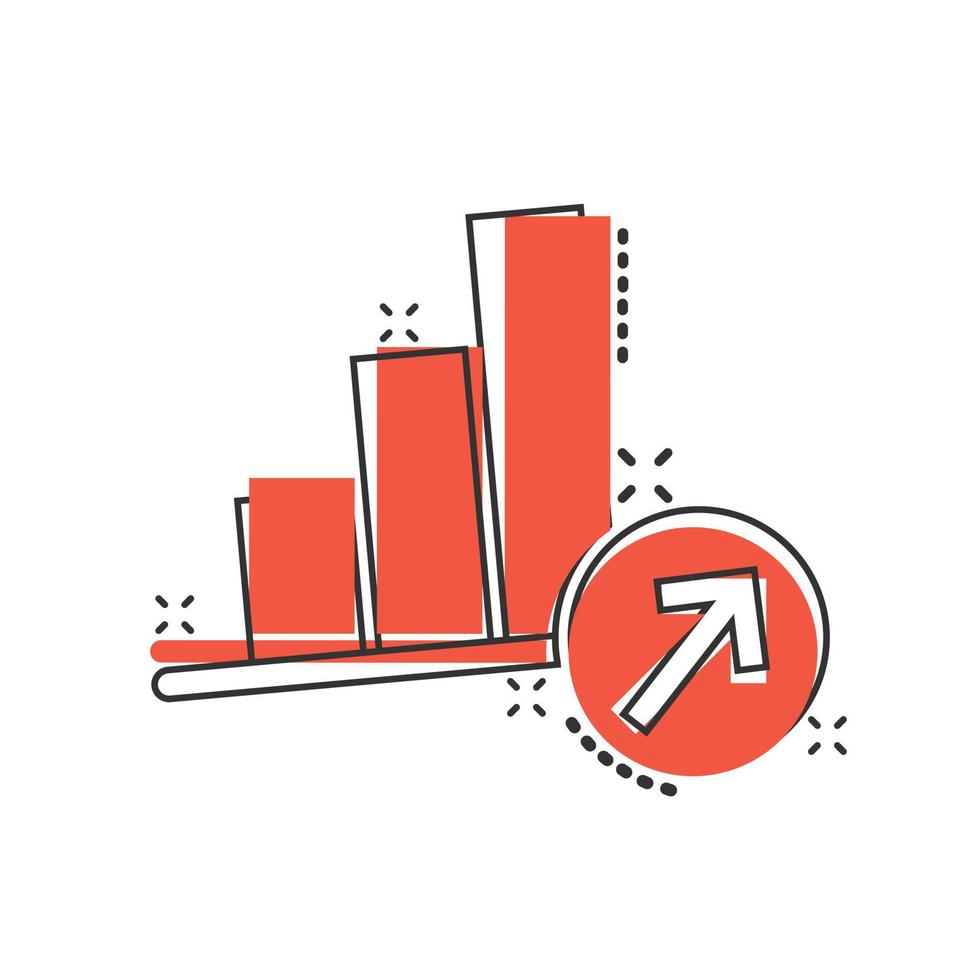 Market trend icon in comic style. Growth arrow with magnifier cartoon vector illustration on white isolated background. Increase splash effect business concept.