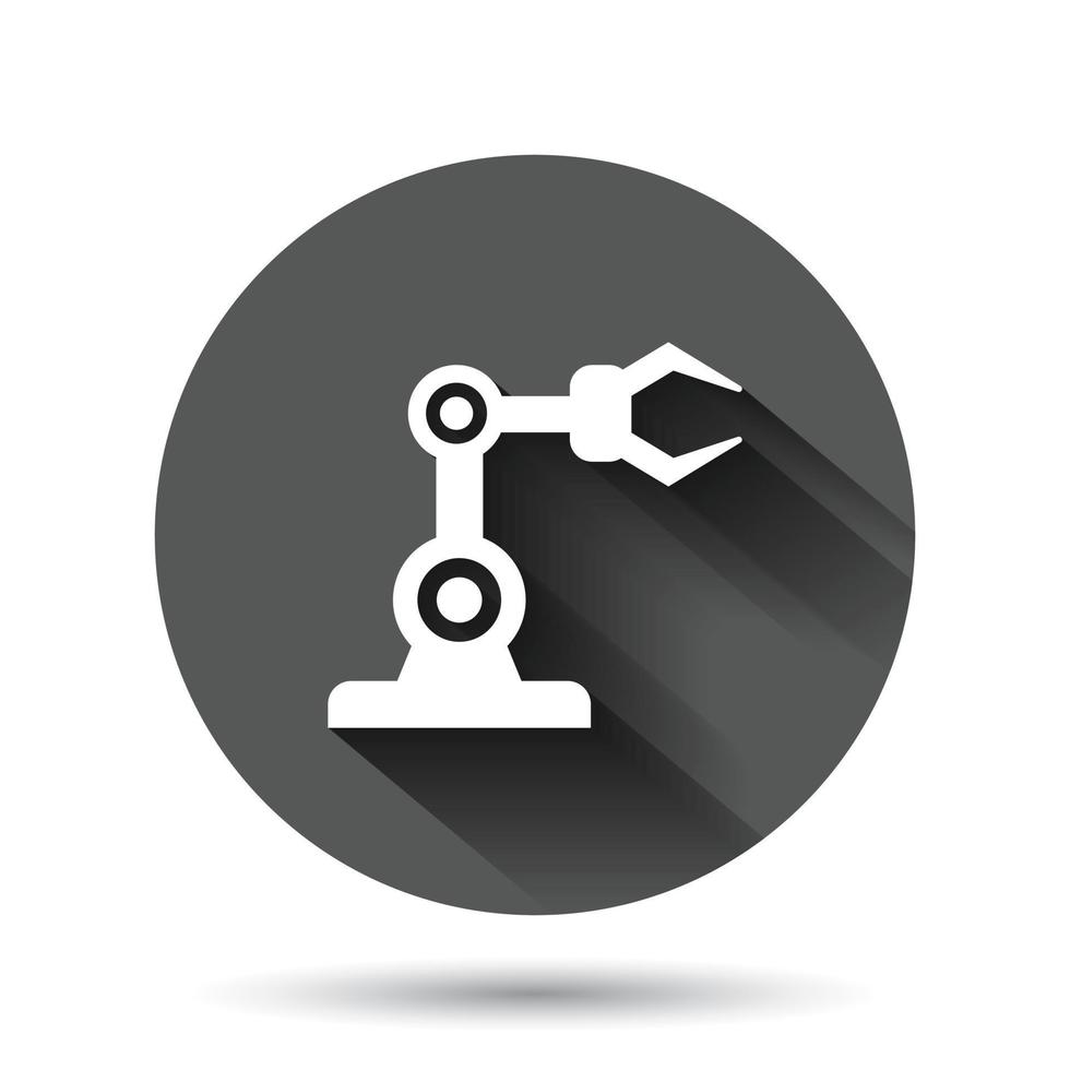 Robot arm icon in flat style. Mechanic manipulator vector illustration on black round background with long shadow effect. Machine circle button business concept.