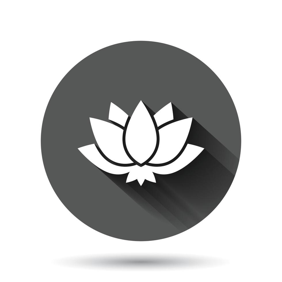 Lotus icon in flat style. Flower leaf vector illustration on black round background with long shadow effect. Blossom plant circle button business concept.