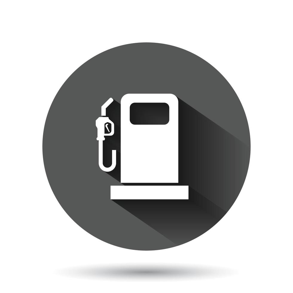 Fuel pump icon in flat style. Gas station sign vector illustration on black round background with long shadow effect. Petrol circle button business concept.