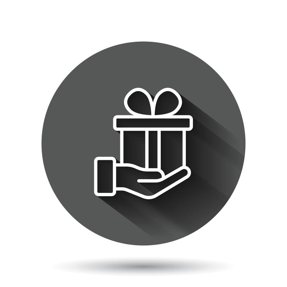 Gift box icon in flat style. Present on black round background with long shadow effect. Surprise circle button business concept. vector