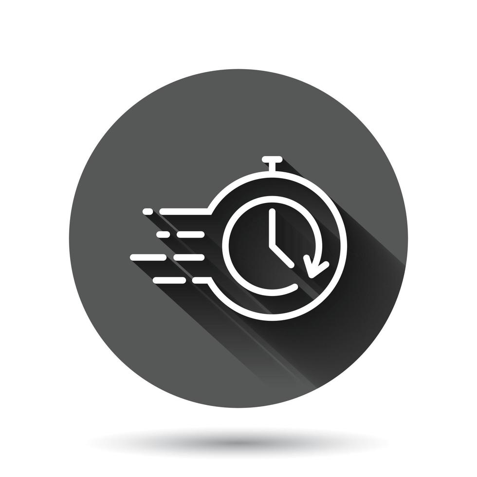 Recovery icon in flat style. Repeat clock vector illustration on black round background with long shadow effect. Rotation time circle button business concept.