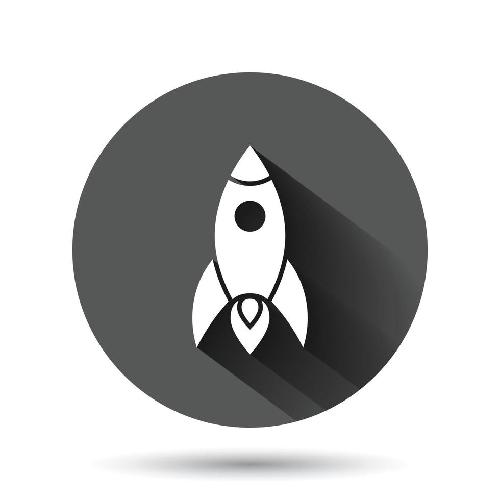 Rocket icon in flat style. Spaceship launch vector illustration on black round background with long shadow effect. Sputnik circle button business concept.
