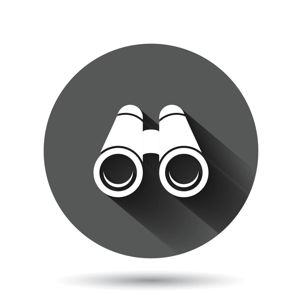 icono binocular en estilo plano. buscar ilustración vectorial sobre fondo redondo negro con efecto de sombra larga. concepto de negocio de botón de círculo de zoom. vector