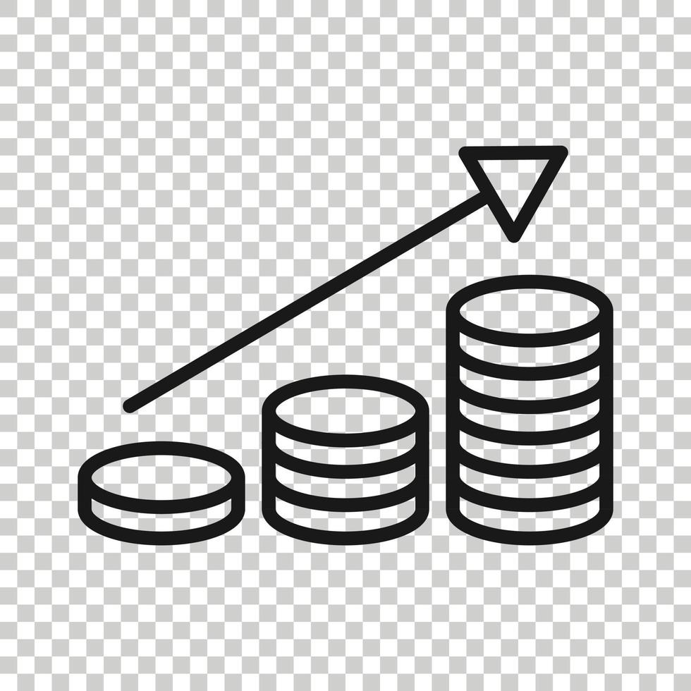 Income rate increase icon in flat style. Finance performance vector illustration on white isolated background. Coin with growth arrow business concept.