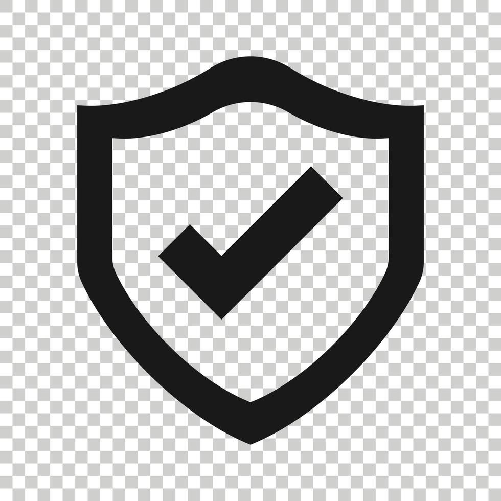 Shield with check mark icon in flat style. Protect vector illustration on white isolated background. Checkmark guard business concept.
