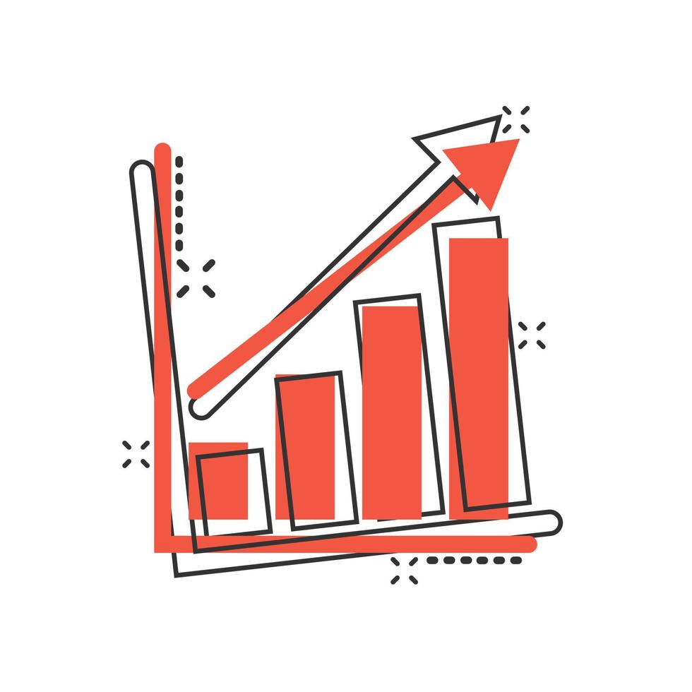 Chart graph icon in comic style. Arrow grow cartoon vector illustration on white isolated background. Analysis splash effect business concept.