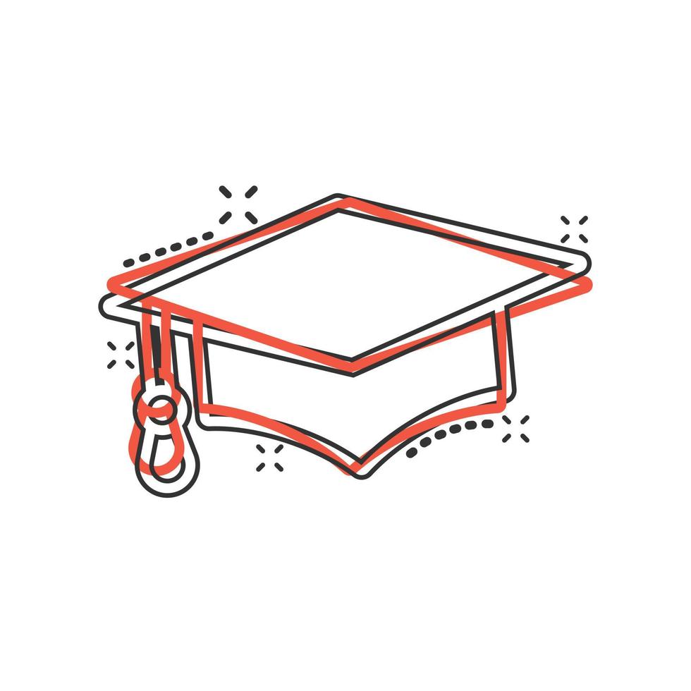 Graduation hat icon in comic style. Student cap cartoon vector illustration on white isolated background. University splash effect business concept.