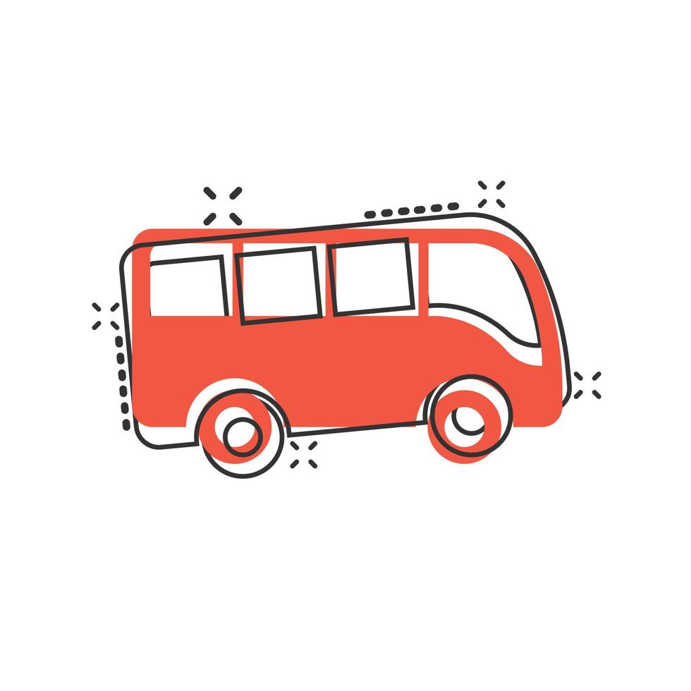 icono de autobús en estilo cómico. ilustración de vector de dibujos animados de entrenador sobre fondo blanco aislado. concepto de negocio de efecto de salpicadura de vehículo autobus.