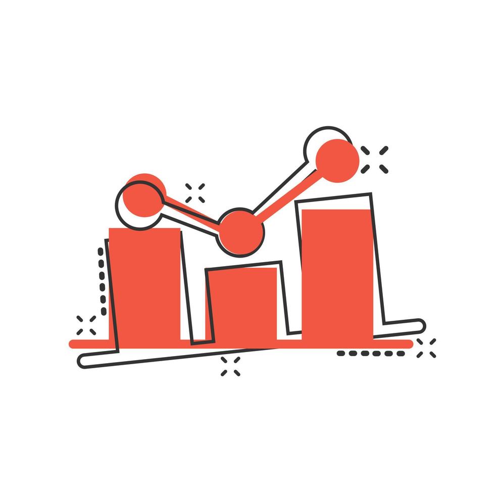Growing bar graph icon in comic style. Increase arrow cartoon vector illustration on white background. Infographic progress splash effect business concept.