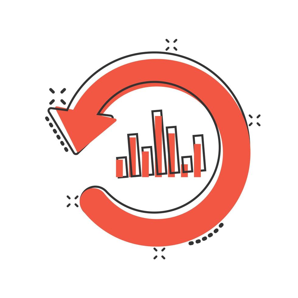 Growing bar graph icon in comic style. Increase arrow cartoon vector illustration on white isolated background. Infographic progress splash effect business concept.