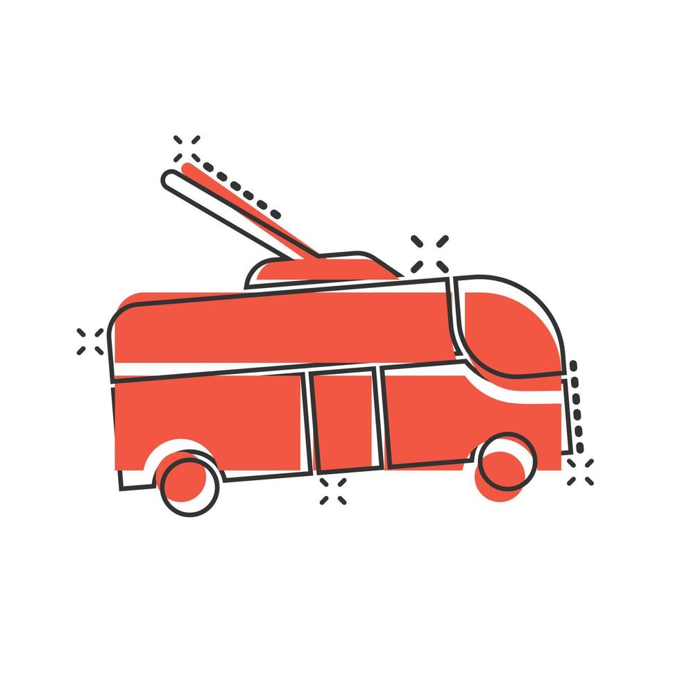 Trolleybus icon in comic style. Trolley bus cartoon vector illustration on white isolated background. Autobus vehicle splash effect business concept.