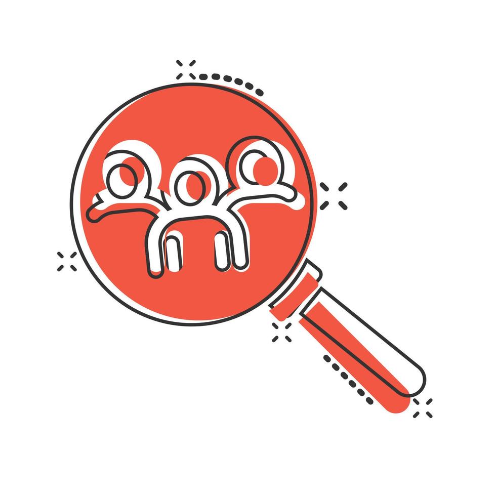 Search job vacancy icon in comic style. Loupe career cartoon vector illustration on white isolated background. Find people employer splash effect business concept.